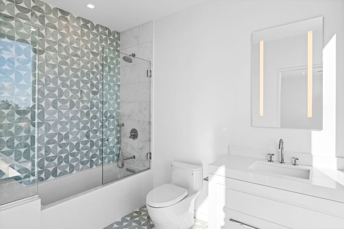 Bathroom, Glass Shower, Interior, Marble Walls, Recessed Lighting