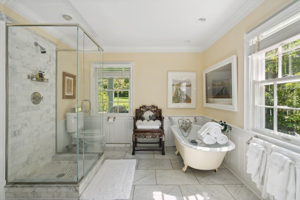 Bathroom, Free Standing Baths, Glass Shower, Interior, Marble, Marble Walls, Recessed Lighting