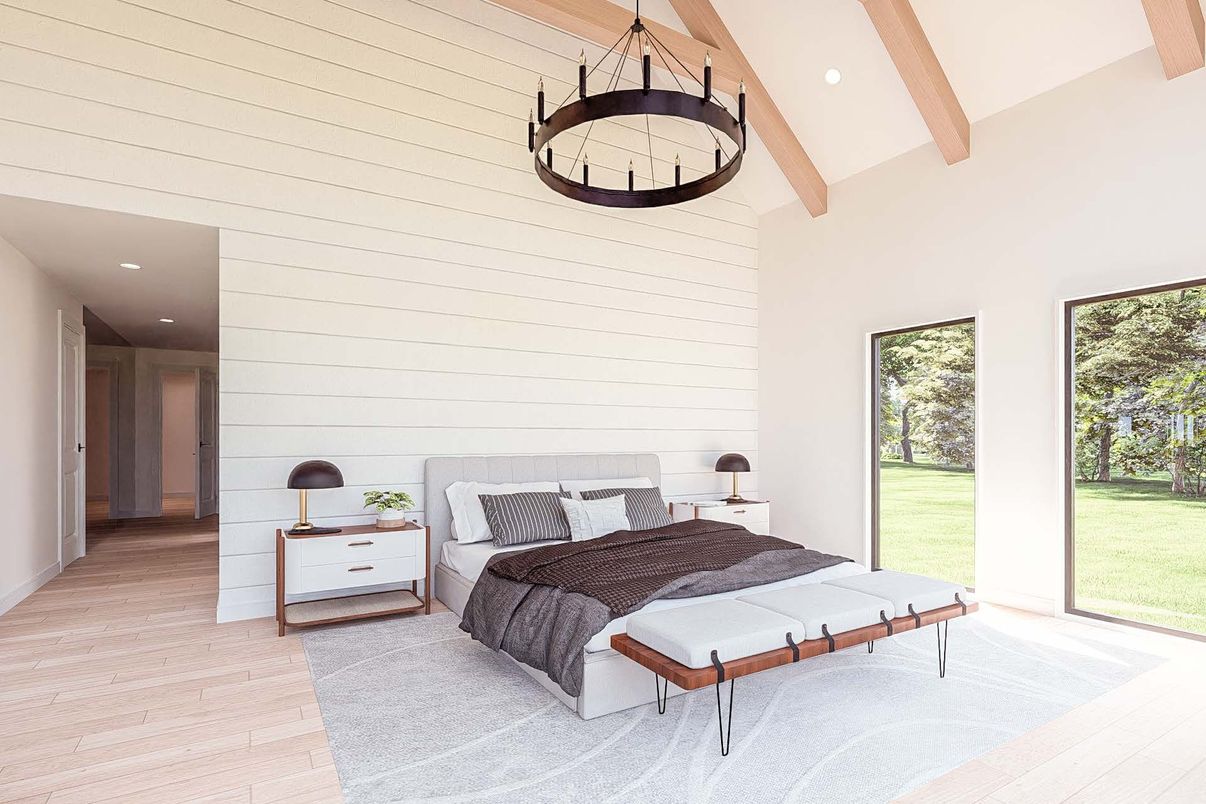 Bedroom, Interior, Pendant Lights, Recessed Lighting, Wooden Beams, Wood Texture Flooring