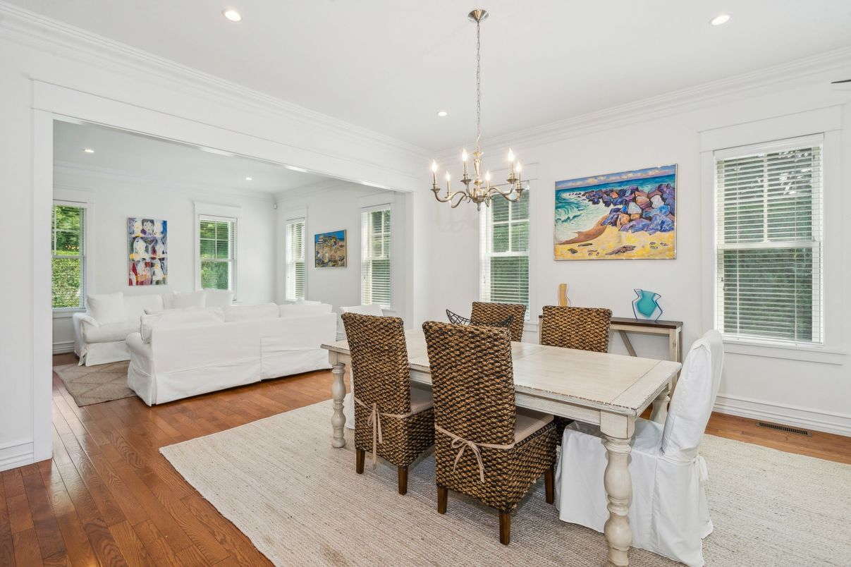 Chandelier, Dining room, Interior, Living room, Pendant Lights, Recessed Lighting, Wood Texture Flooring