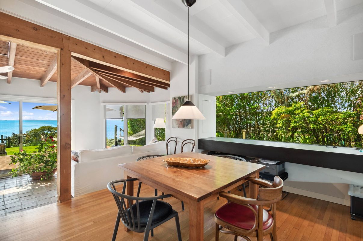 Dining room, Interior, Pendant Lights, Water, Wooden Beams, Wooden Ceilings, Wood Texture Flooring