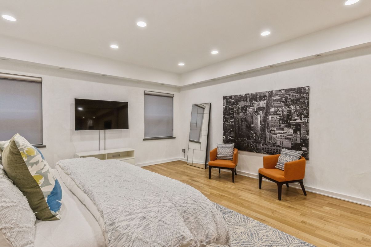 Bedroom, Interior, Recessed Lighting, Wood Texture Flooring