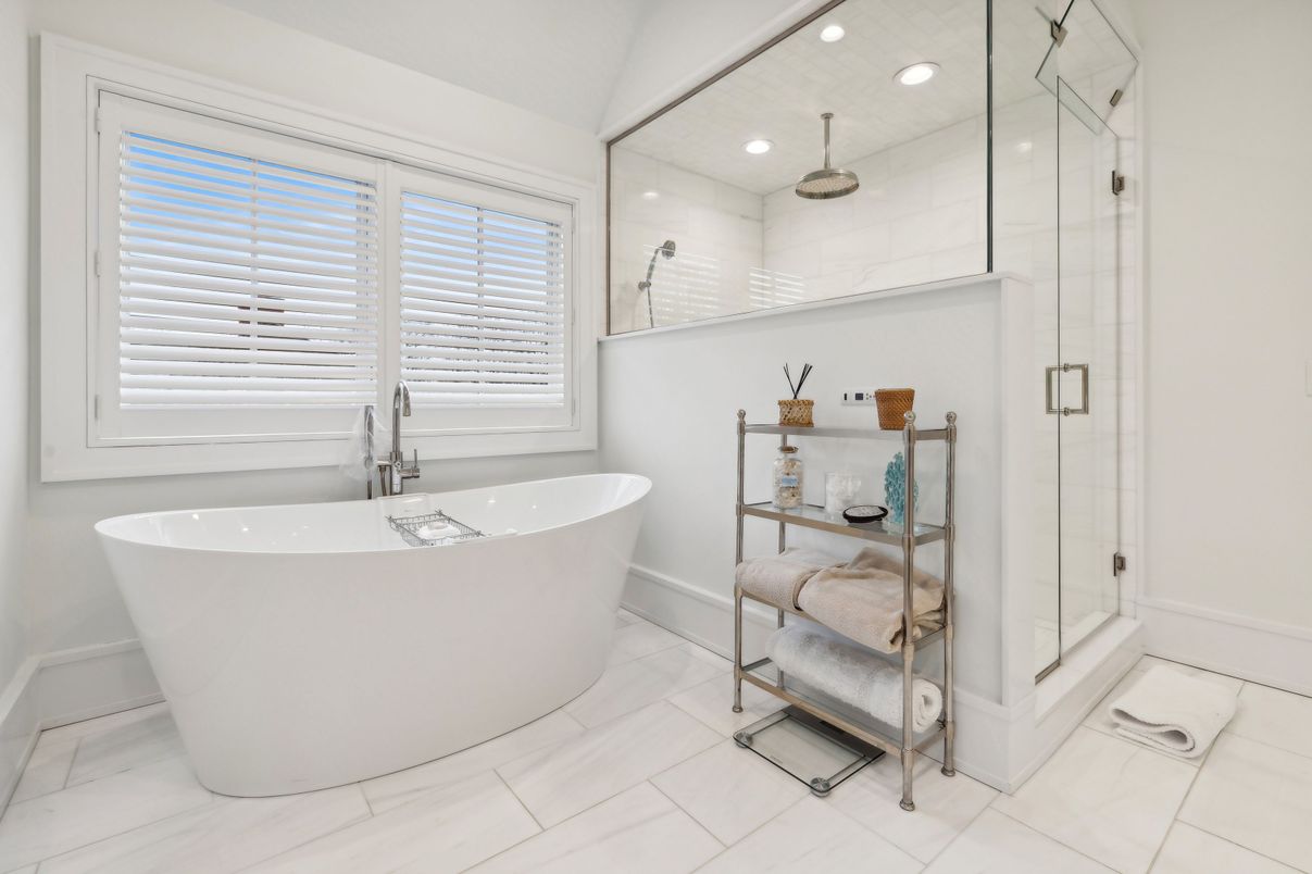 Bathroom, Free Standing Baths, Glass Shower, Interior, Recessed Lighting