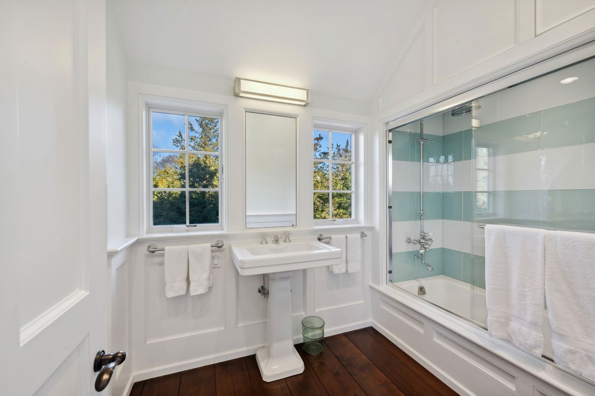 Bathroom, Glass Shower, Interior, Wood Texture Flooring