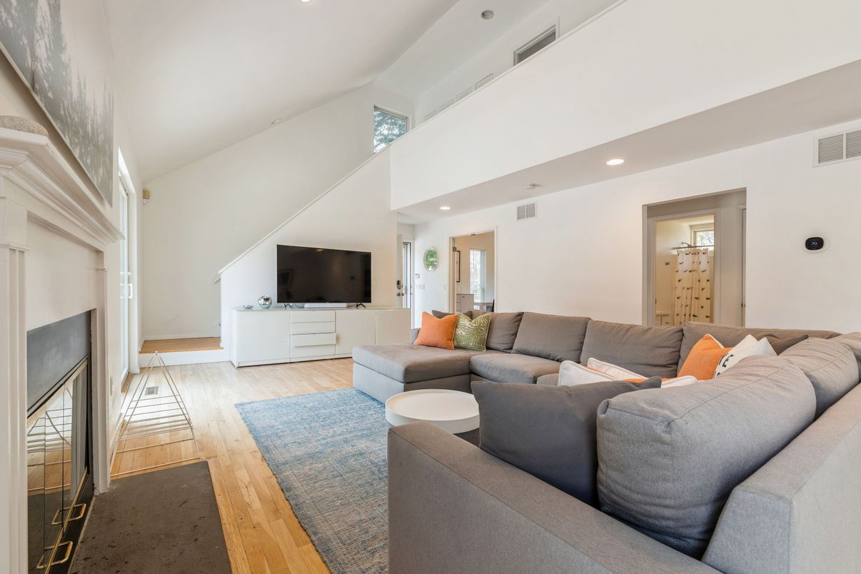 Fireplace, Interior, Living room, Recessed Lighting, Wood Texture Flooring