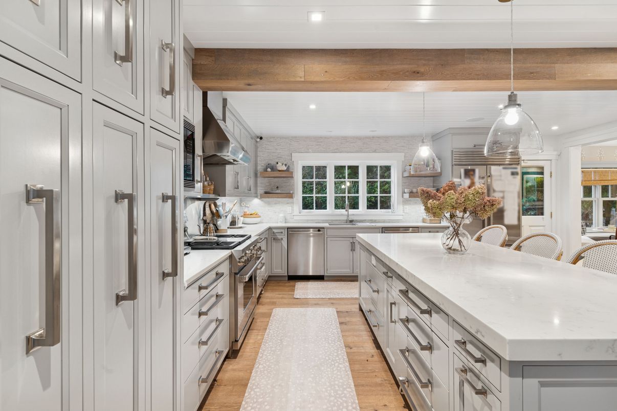 Interior, Kitchen, Pendant Lights, Recessed Lighting, Stainless Steel Appliances, Wooden Beams, Wood Texture Flooring