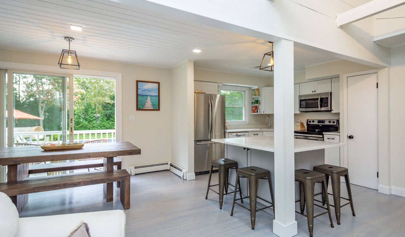 Dining room, Interior, Kitchen, Pendant Lights, Recessed Lighting, Stainless Steel Appliances, Wood Texture Flooring