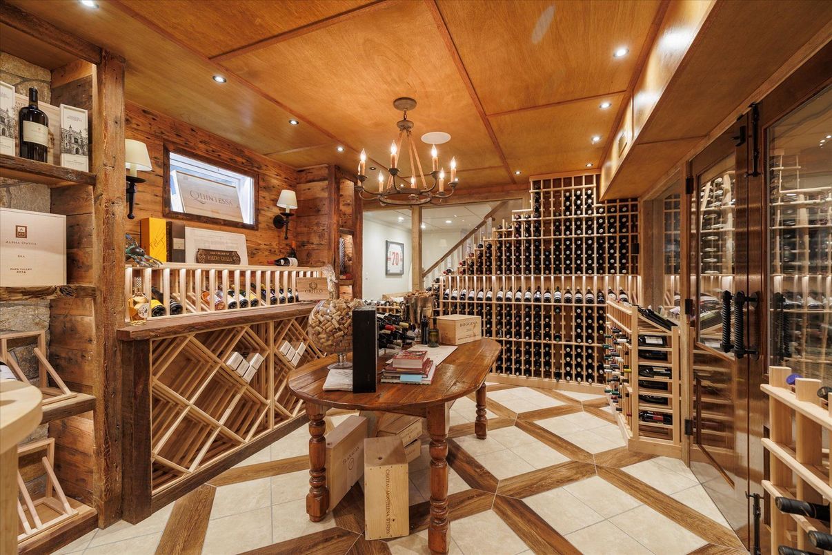Chandelier, Interior, Recessed Lighting, Wine Storage, Wooden Ceilings