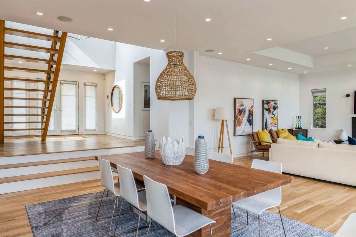 Dining room, Interior, Living room, Recessed Lighting, Wood Texture Flooring