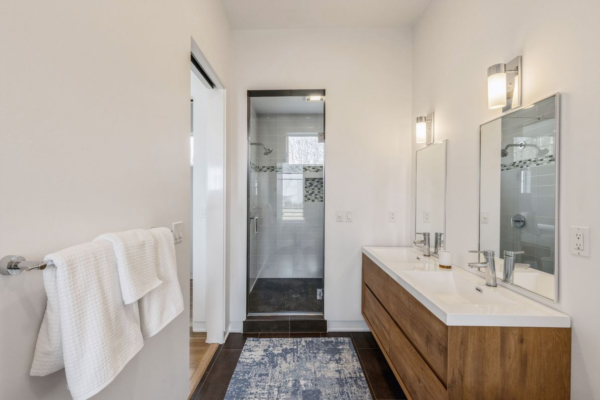 Bathroom, Dual Sink Vanities, Glass Shower, Interior, Wood Texture Flooring