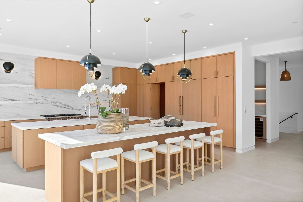 Interior, Kitchen, Marble Walls, Pendant Lights, Recessed Lighting