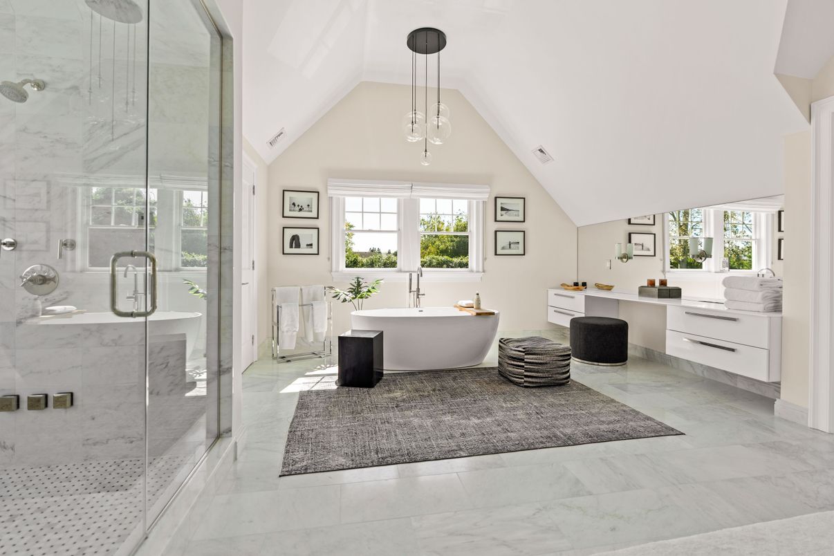 Bathroom, Free Standing Baths, Glass Shower, Interior, Marble, Marble Walls, Pendant Lights