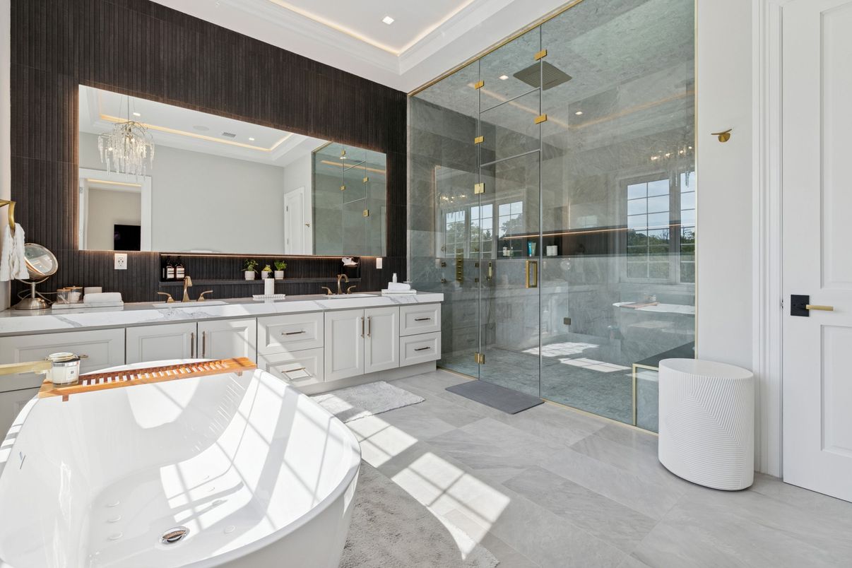 Bathroom, Dual Sink Vanities, Free Standing Baths, Glass Shower, Interior, Recessed Lighting