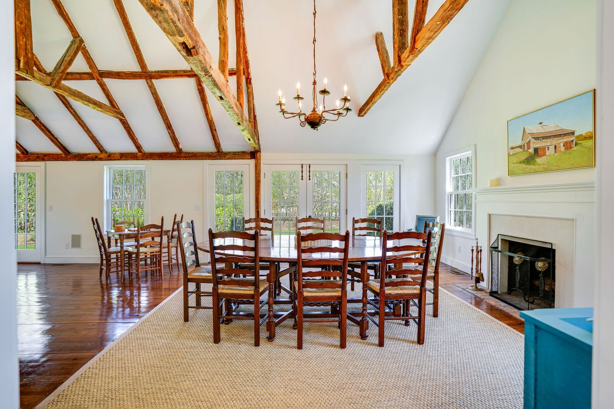 Chandelier, Dining room, Fireplace, Interior, Wooden Beams, Wood Texture Flooring