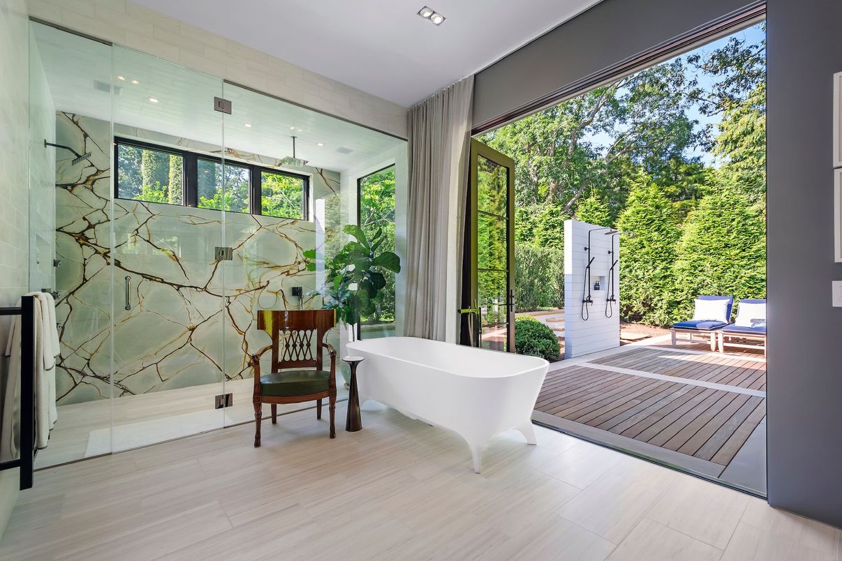 Bathroom, Free Standing Baths, Glass Shower, Interior, Recessed Lighting, Wood Texture Flooring