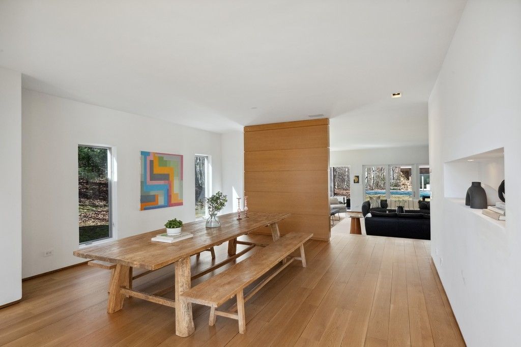 Dining room, Interior, Living room, Recessed Lighting, Wood Texture Flooring