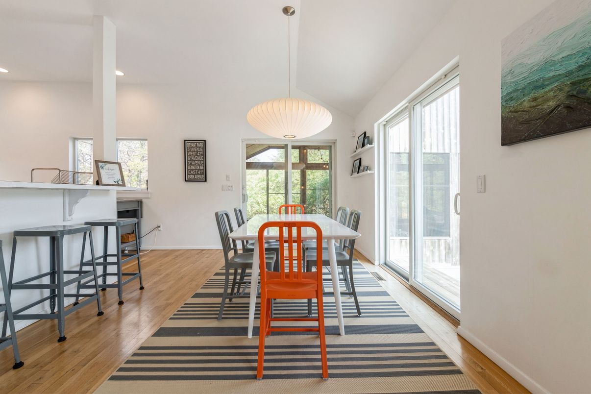 Dining room, Interior, Pendant Lights, Recessed Lighting, Wood Texture Flooring