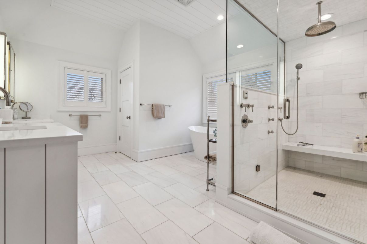 Bathroom, Free Standing Baths, Glass Shower, Interior, Marble Walls, Recessed Lighting