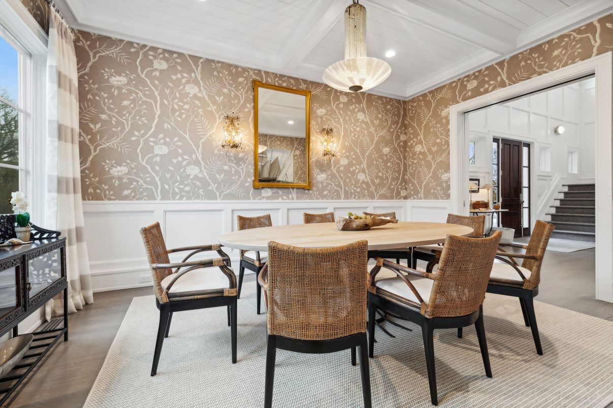 Dining room, Interior, Pendant Lights, Recessed Lighting, Wood Texture Flooring