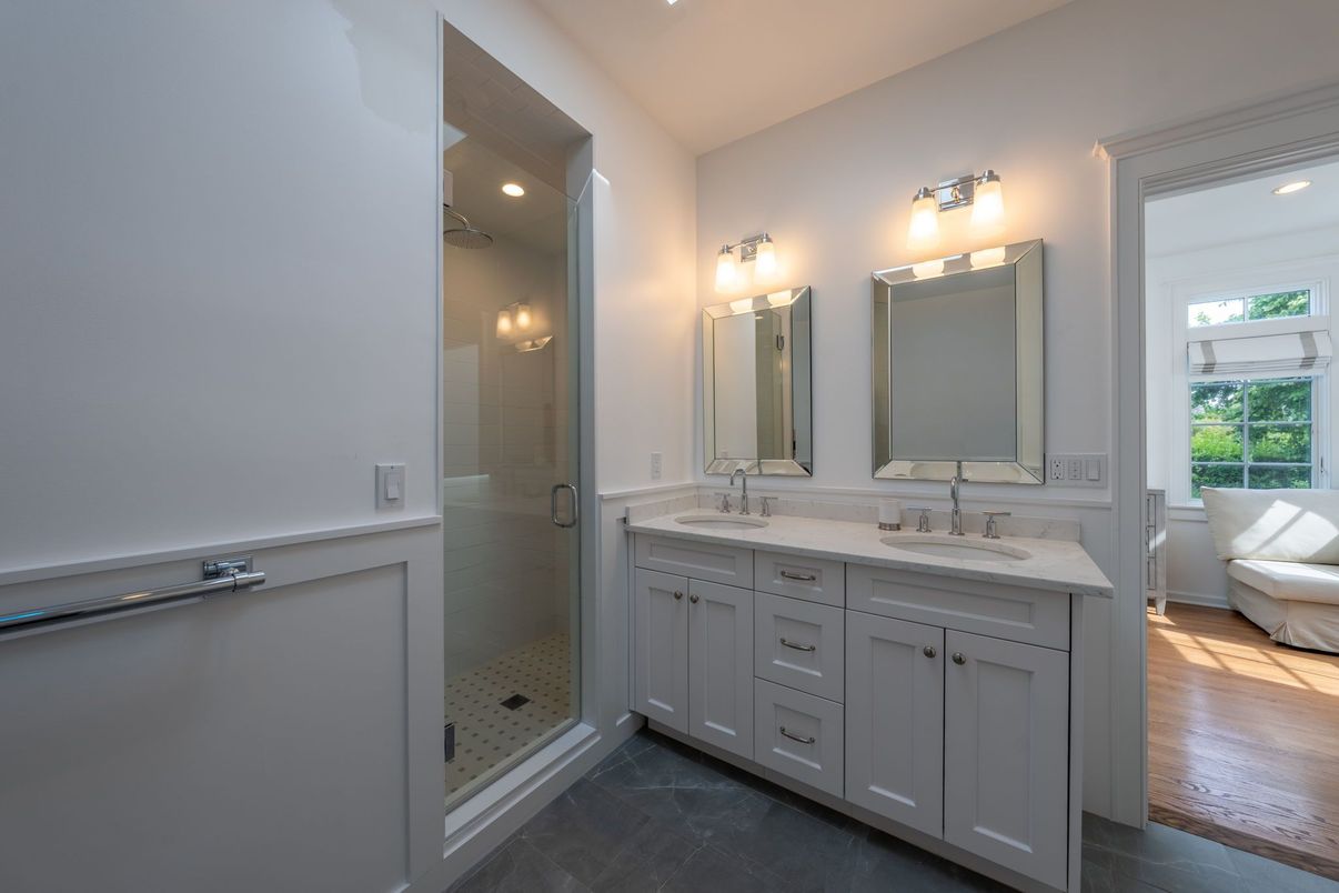 Bathroom, Dual Sink Vanities, Glass Shower, Interior, Recessed Lighting, Wood Texture Flooring