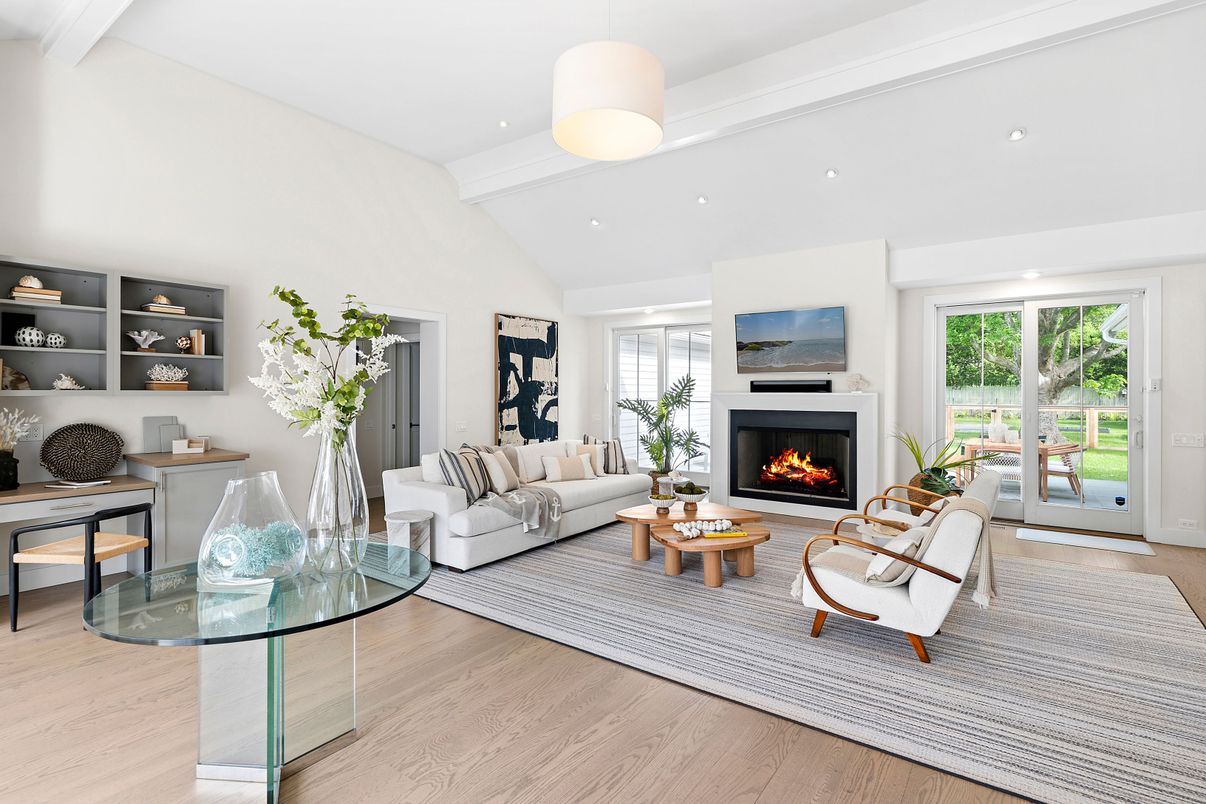 Fireplace, Interior, Living room, Pendant Lights, Recessed Lighting, Wood Texture Flooring