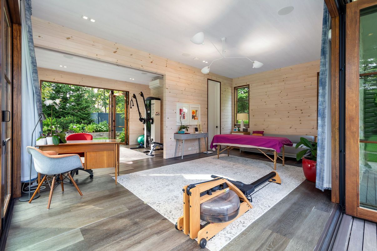 Fitness Equipment, Home Office, Interior, Recessed Lighting, Wooden Ceilings, Wood Texture Flooring, Wooden Walls