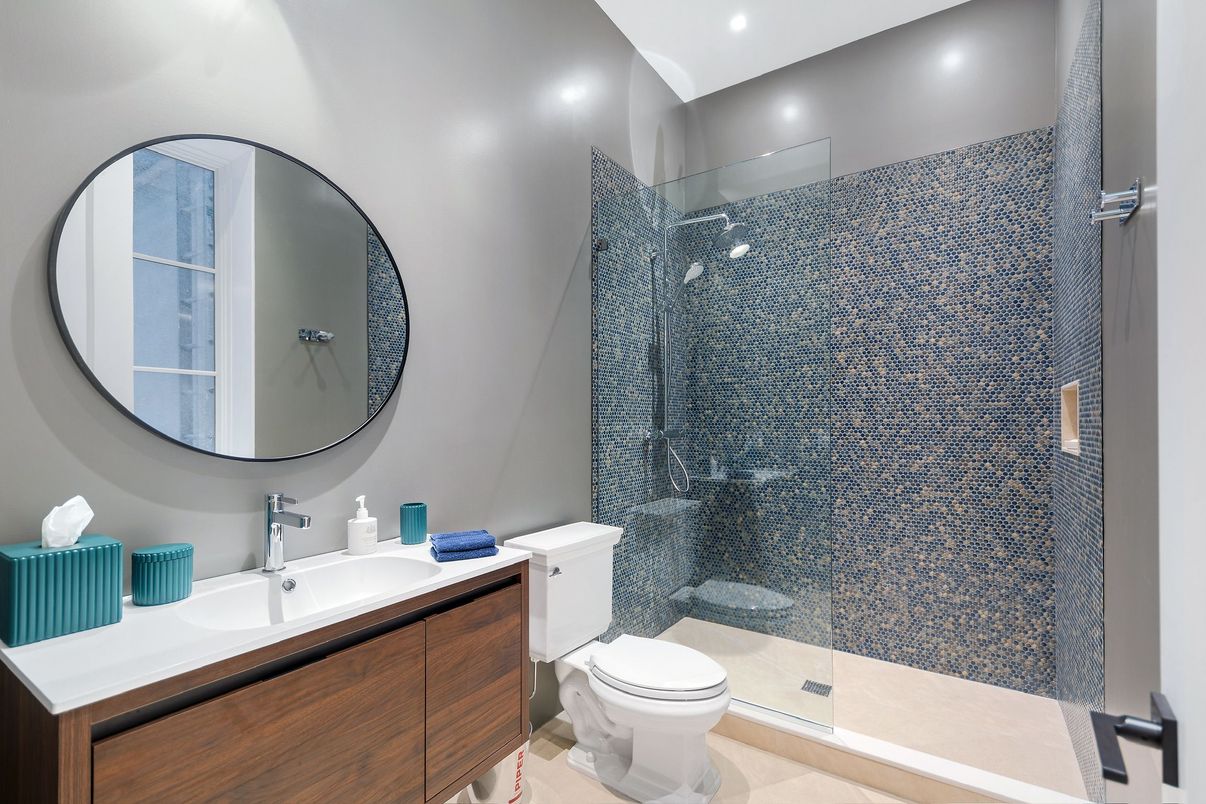 Bathroom, Glass Shower, Interior, Recessed Lighting