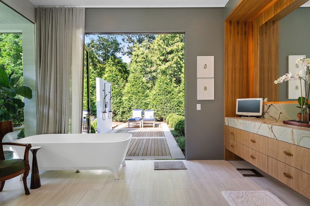 Bathroom, Free Standing Baths, Interior, Wood Texture Flooring