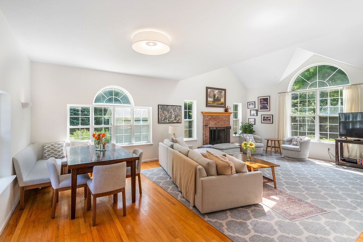 Dining room, Fireplace, Interior, Living room, Wood Texture Flooring