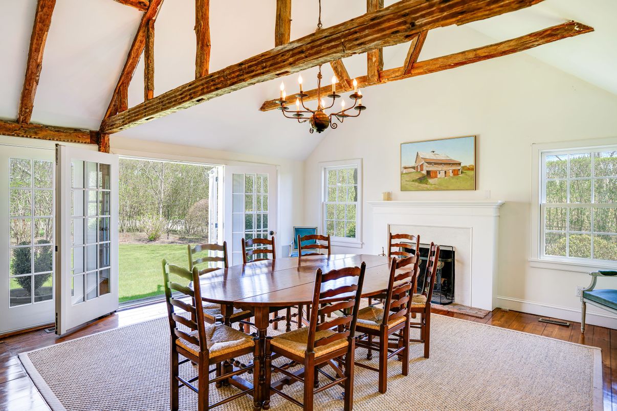 Chandelier, Dining room, Fireplace, Interior, Wooden Beams, Wood Texture Flooring