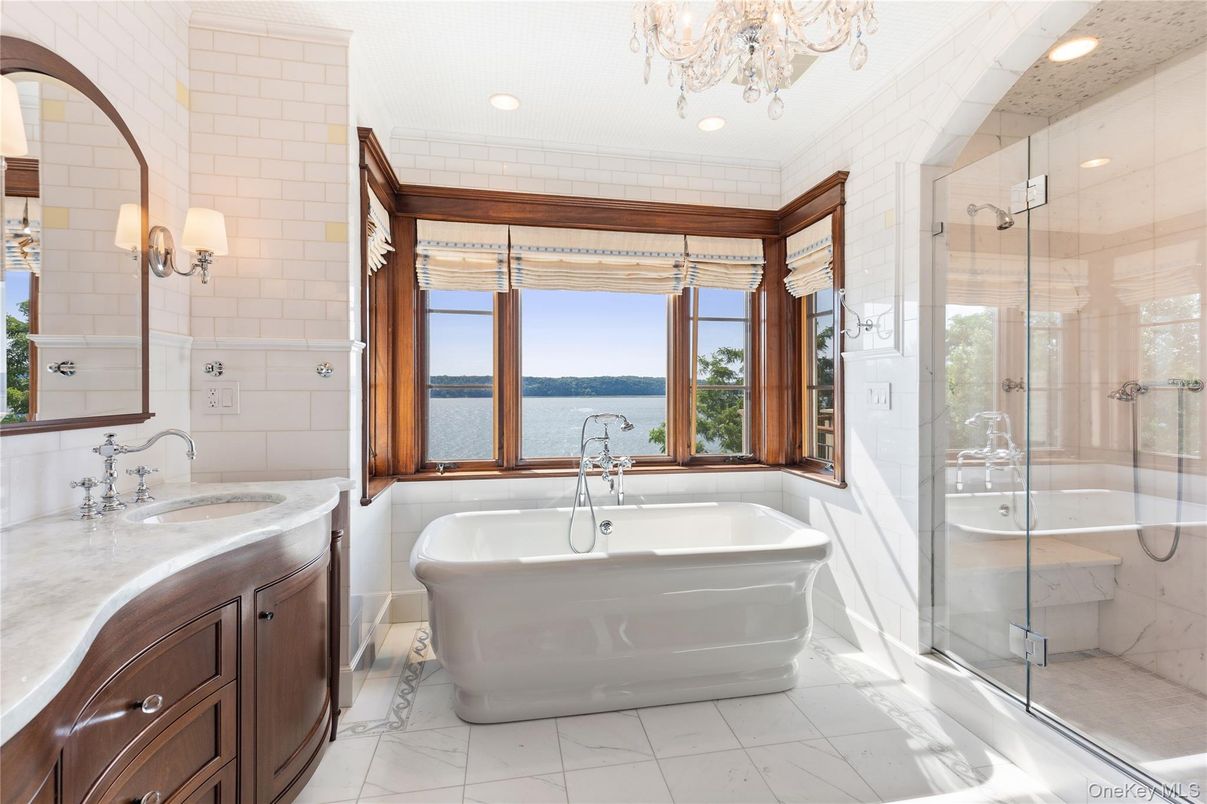Bathroom, Chandelier, Free Standing Baths, Glass Shower, Interior, Marble, Recessed Lighting, Water