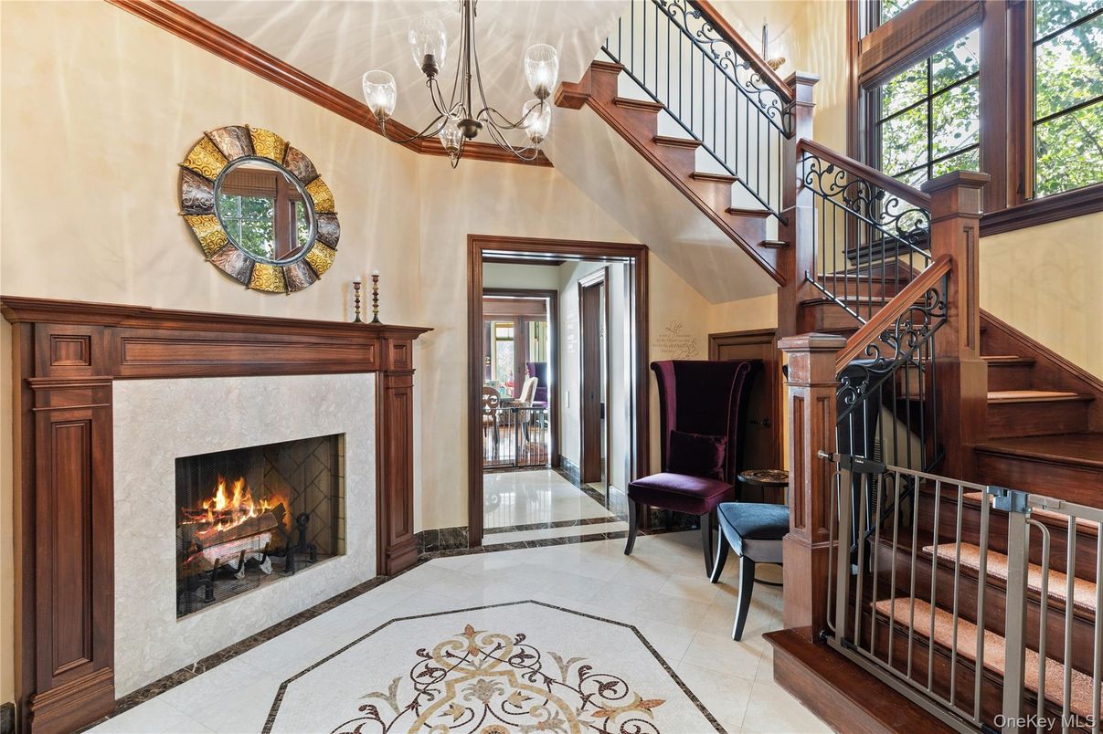 Chandelier, Fireplace, Interior