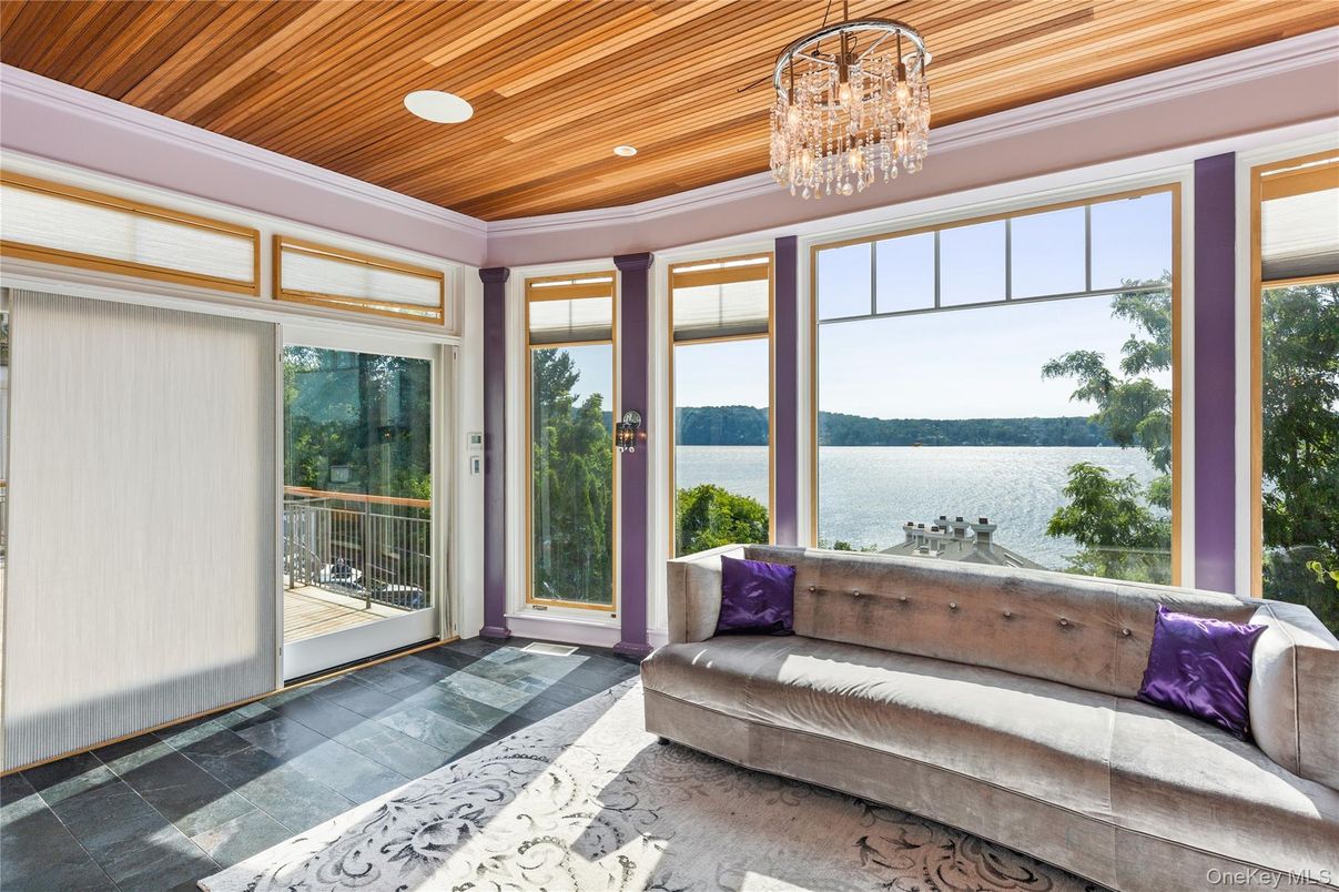 Chandelier, Interior, Recessed Lighting, Sun Room, Water, Wooden Ceilings