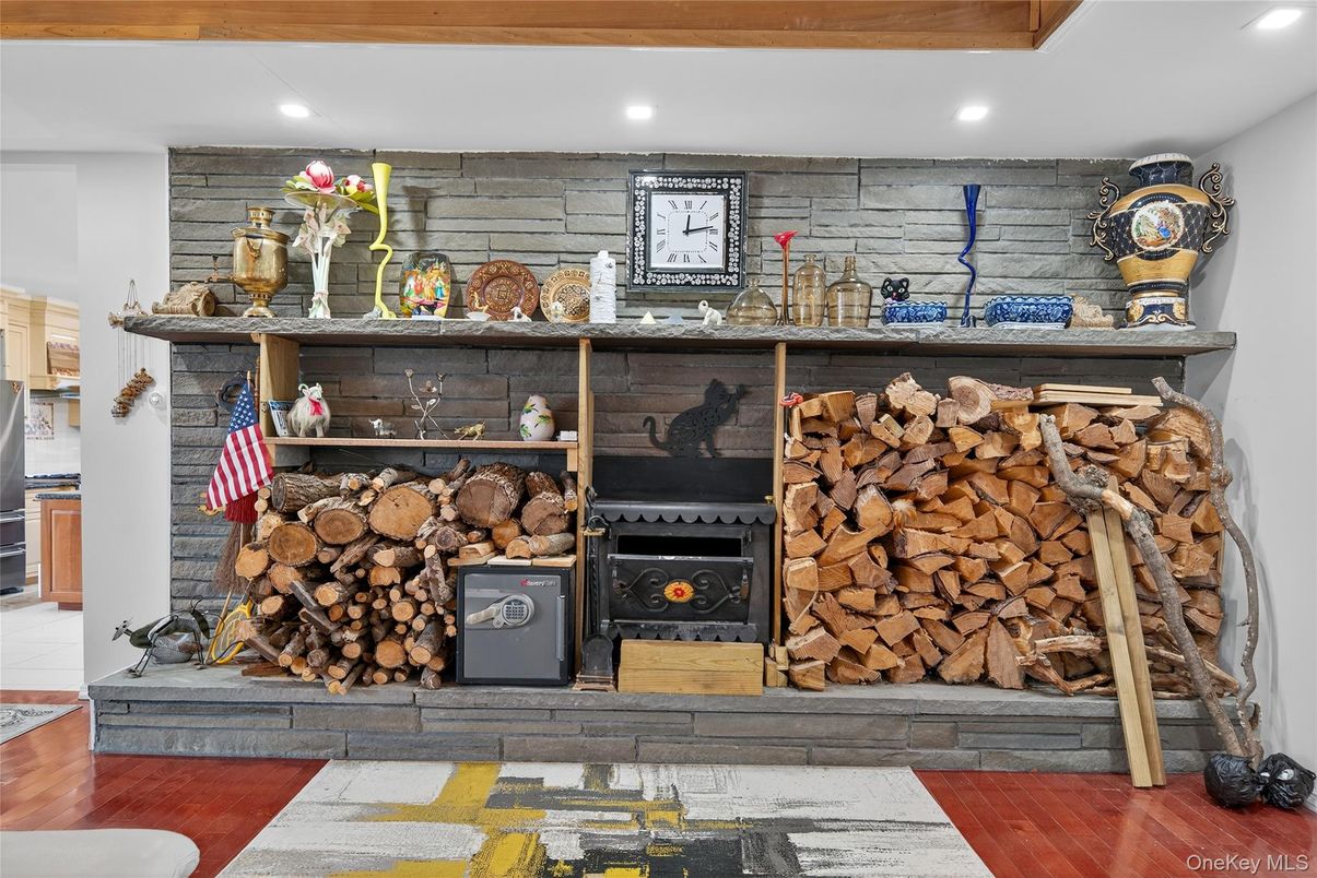 Fireplace, Interior, Recessed Lighting, Stone Walls