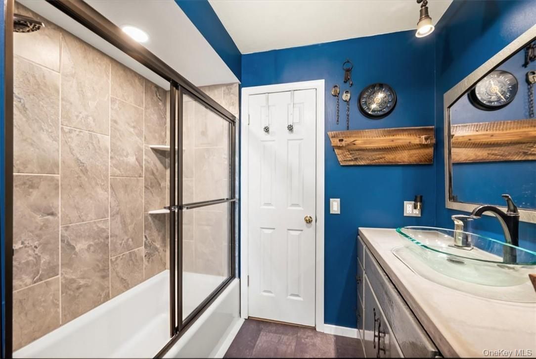 Bathroom, Glass Shower, Interior, Recessed Lighting, Wood Texture Flooring