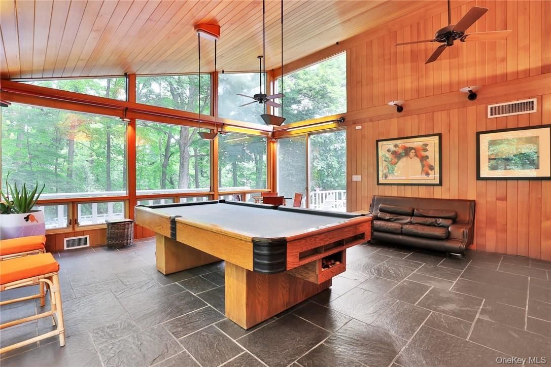 Billiard Table, Game Room, Interior, Pendant Lights, Wooden Ceilings, Wooden Walls