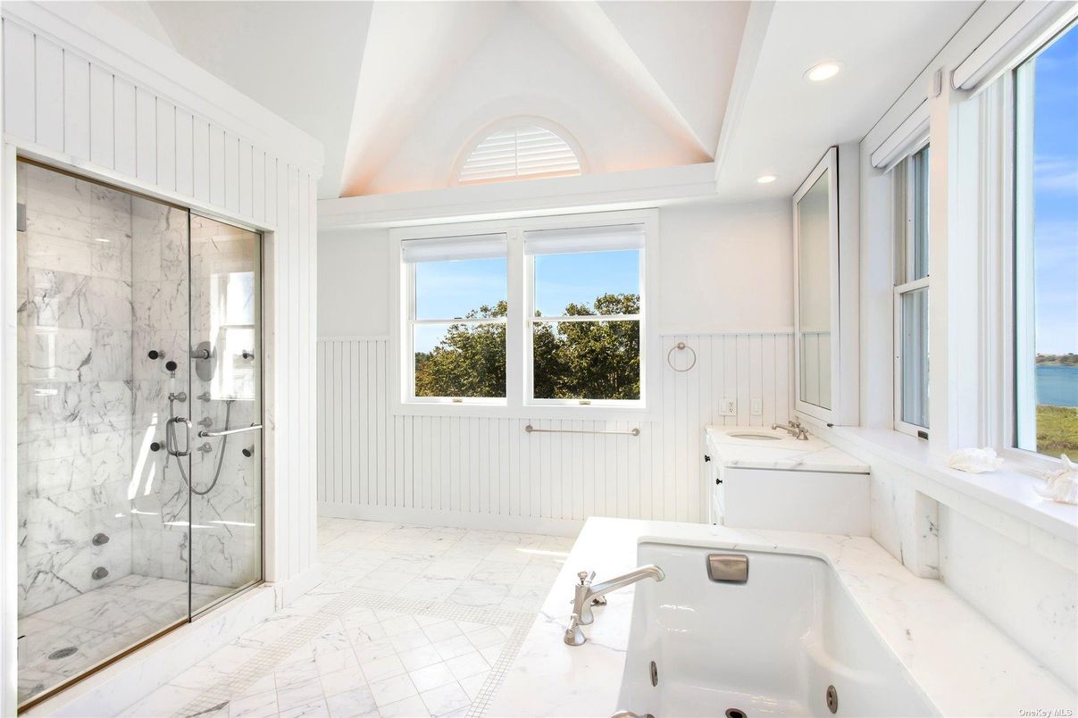 Bathroom, Glass Shower, Interior, Marble, Marble Walls, Recessed Lighting, Water