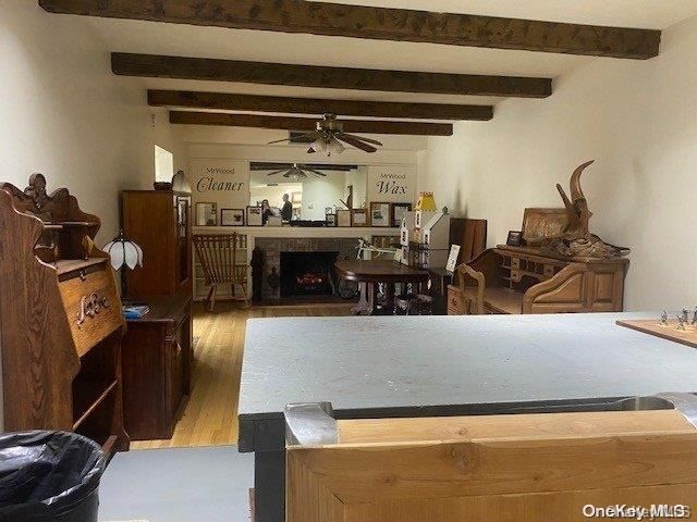 Dining room, Fireplace, Interior, Wooden Beams, Wood Texture Flooring