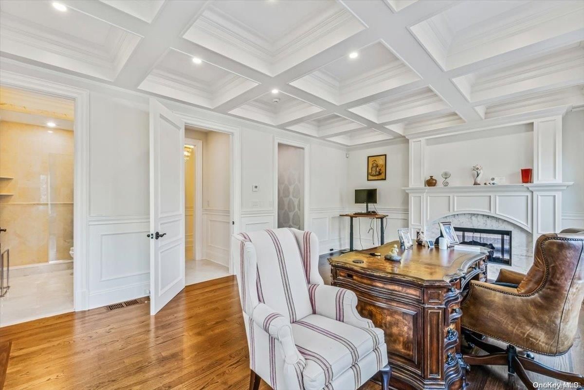 Fireplace, Home Office, Interior, Recessed Lighting, Wood Texture Flooring