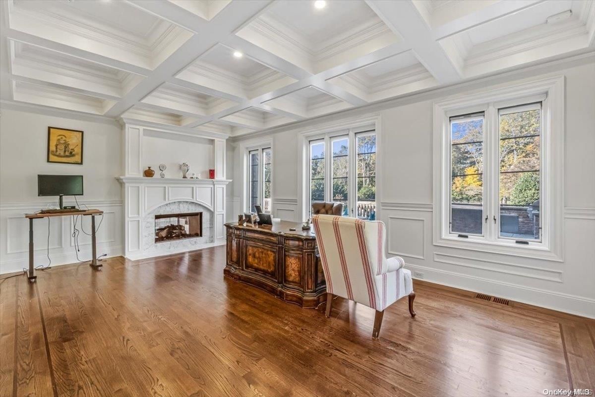 Fireplace, Home Office, Interior, Recessed Lighting, Wood Texture Flooring