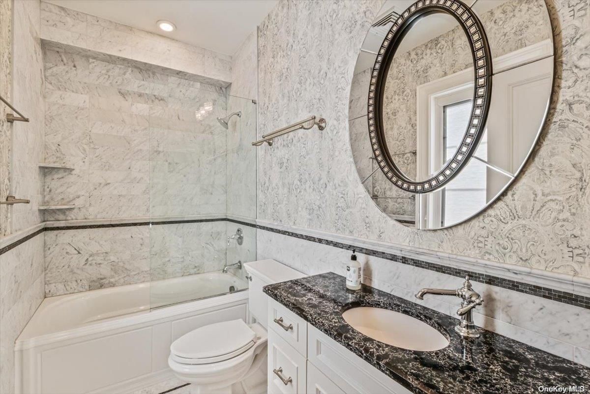 Bathroom, Glass Shower, Interior, Marble Walls, Recessed Lighting