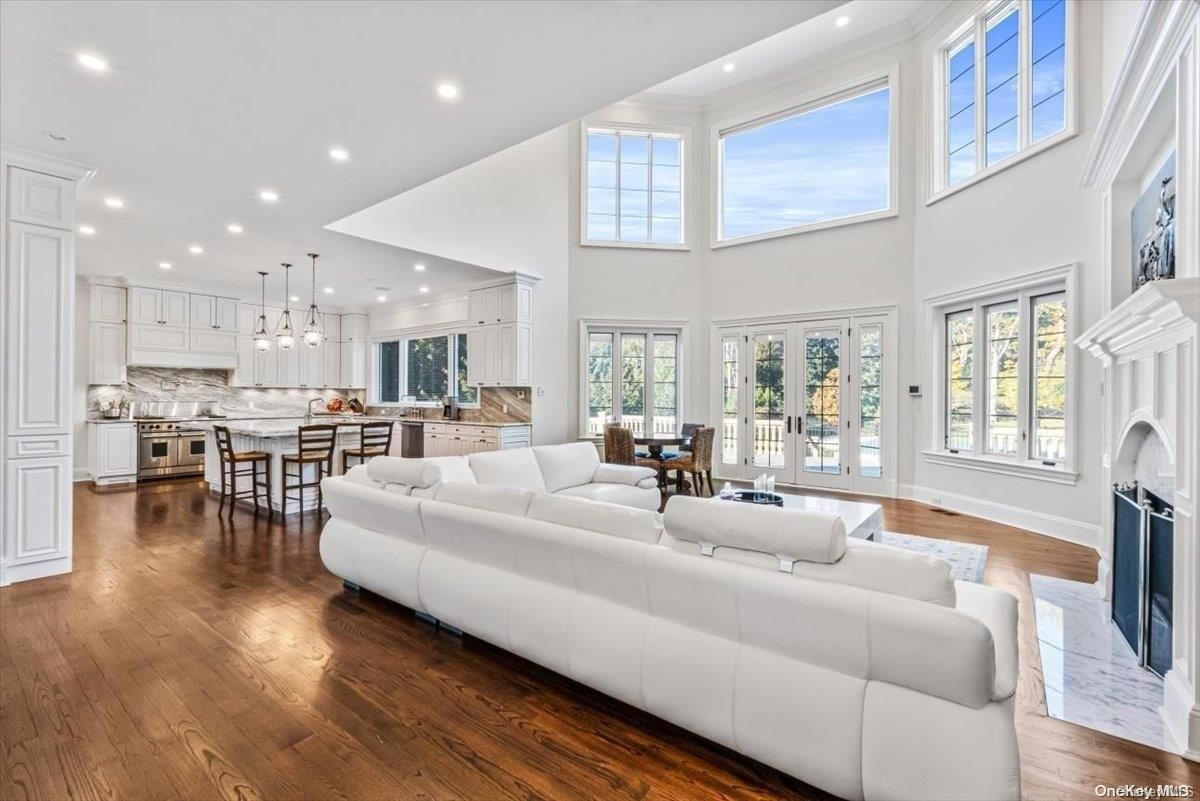 Dining room, Fireplace, Interior, Kitchen, Living room, Pendant Lights, Recessed Lighting, Wood Texture Flooring