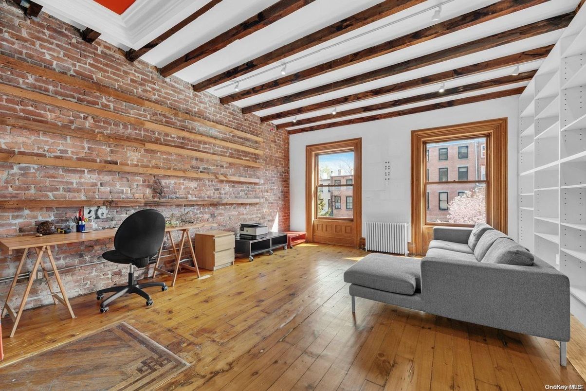 Home Office, Interior, Stone Walls, Wooden Beams, Wood Texture Flooring