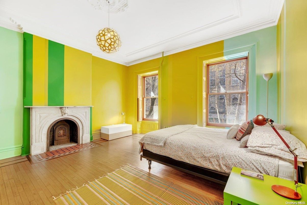 Bedroom, Fireplace, Interior, Pendant Lights, Wood Texture Flooring