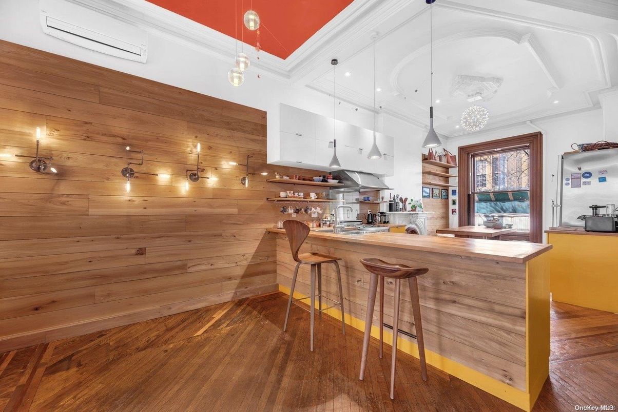 Interior, Kitchen, Pendant Lights, Recessed Lighting, Wood Texture Flooring, Wooden Walls