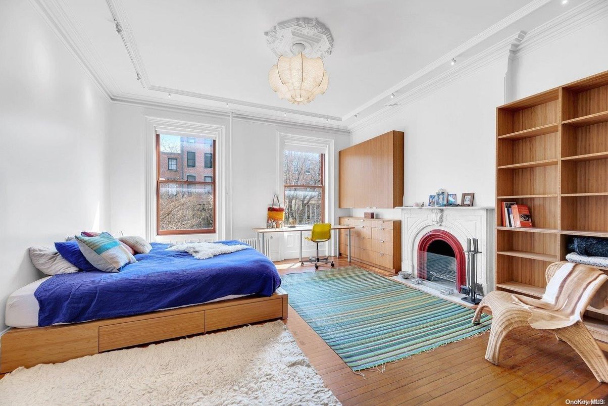 Bedroom, Chandelier, Fireplace, Interior, Wood Texture Flooring