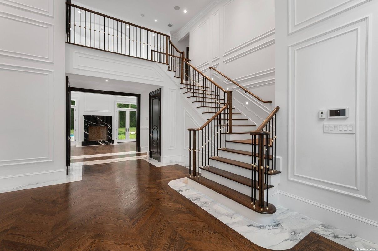 Fireplace, Interior, Marble, Recessed Lighting, Wood Texture Flooring