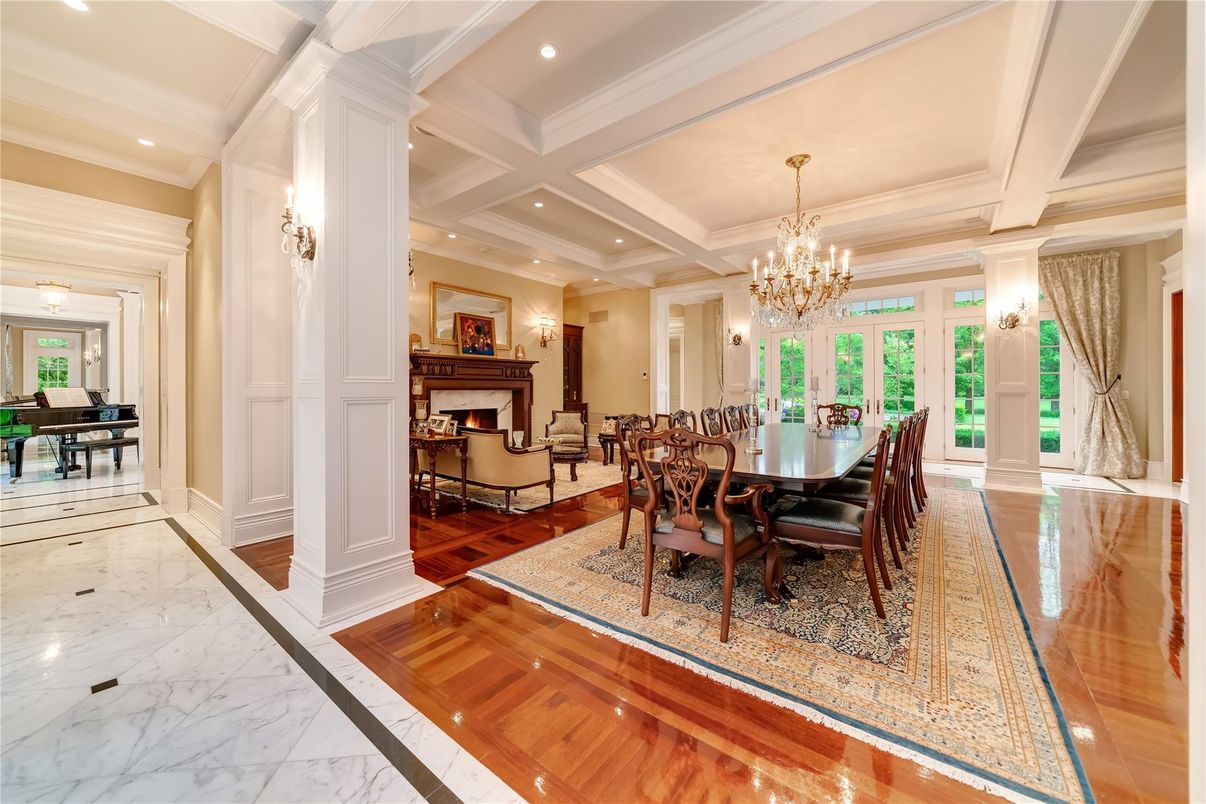 Chandelier, Dining room, Fireplace, Interior, Marble, Recessed Lighting, Wood Texture Flooring