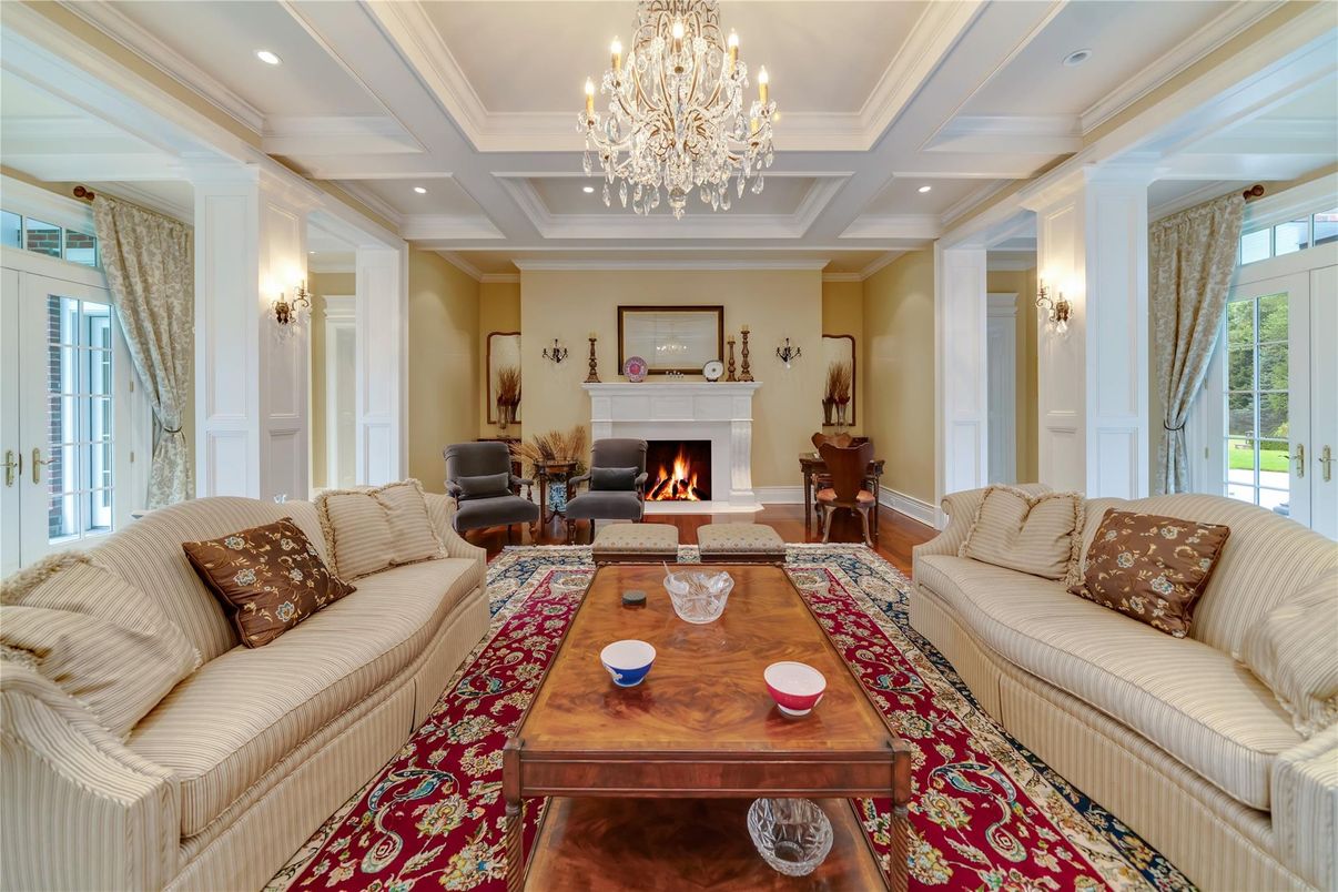 Chandelier, Fireplace, Interior, Living room, Recessed Lighting, Wood Texture Flooring