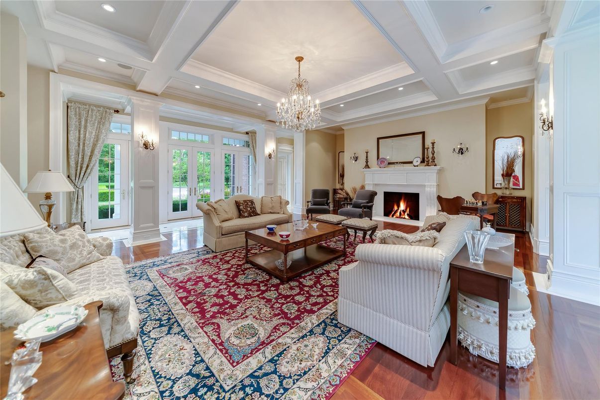 Chandelier, Fireplace, Interior, Living room, Recessed Lighting, Wood Texture Flooring